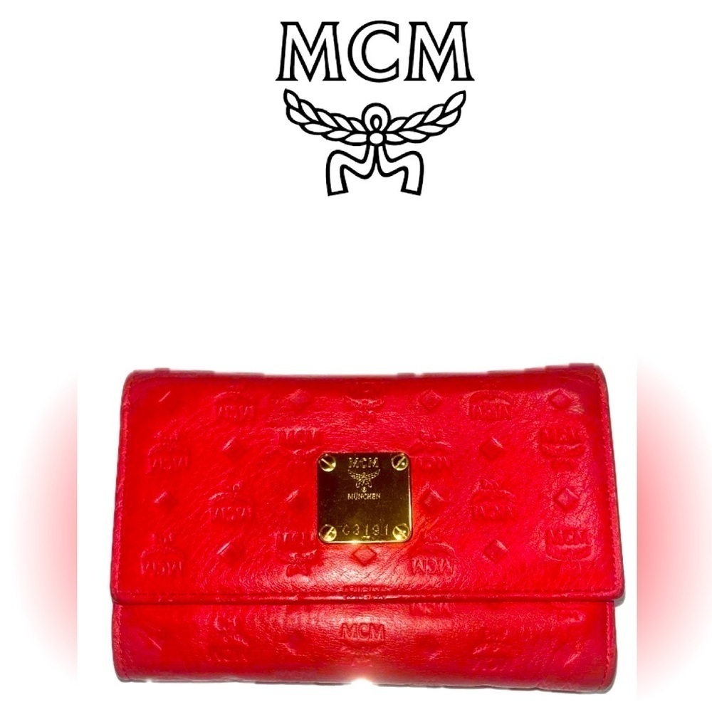Authentic MCM Visetos Embossed Leather Trifold Long Wallet – Vibrant Red